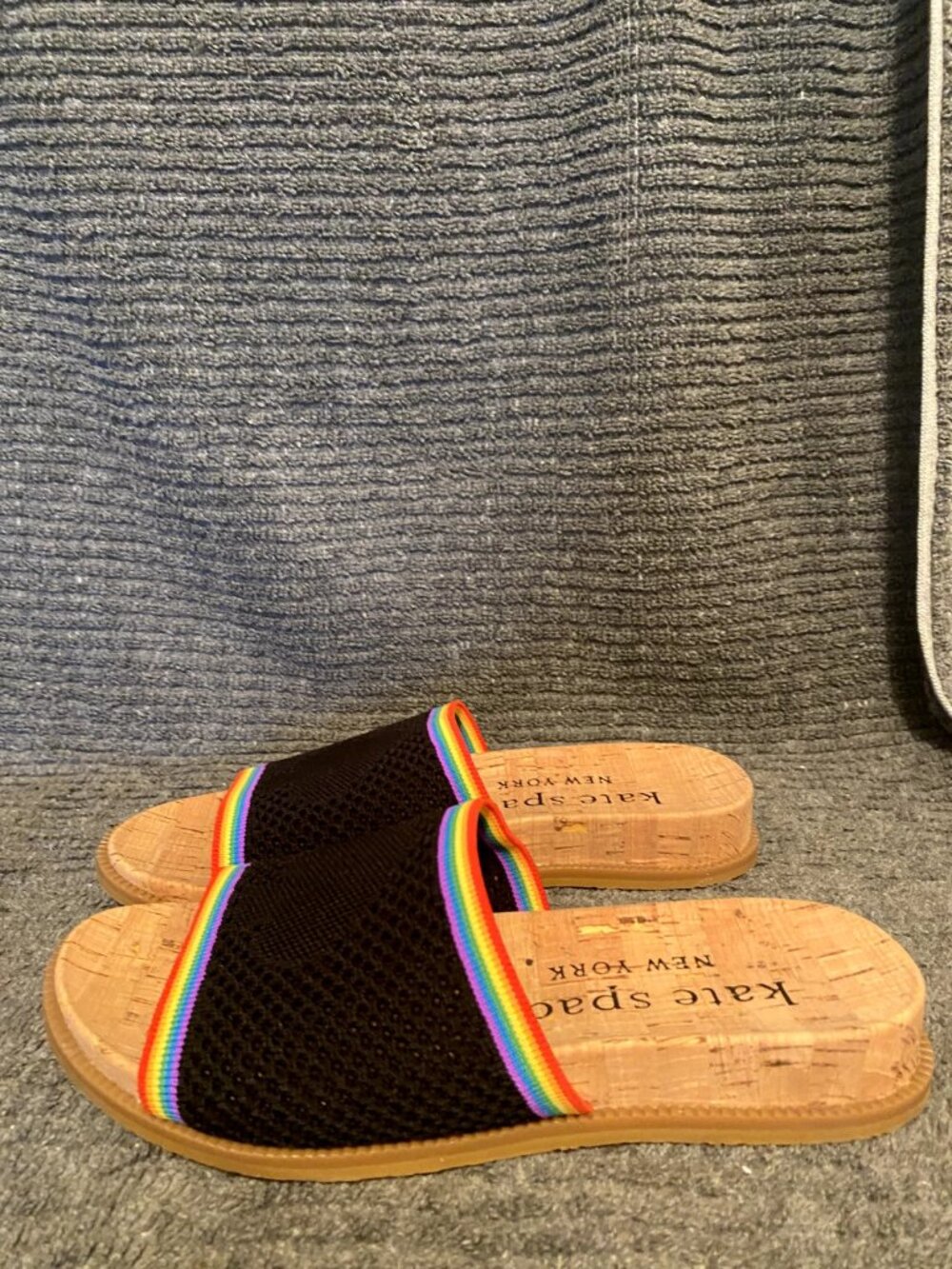 Kate Spade New York Wren Rainbow Black Multicolor Knit Cork Slide Size 5.5B